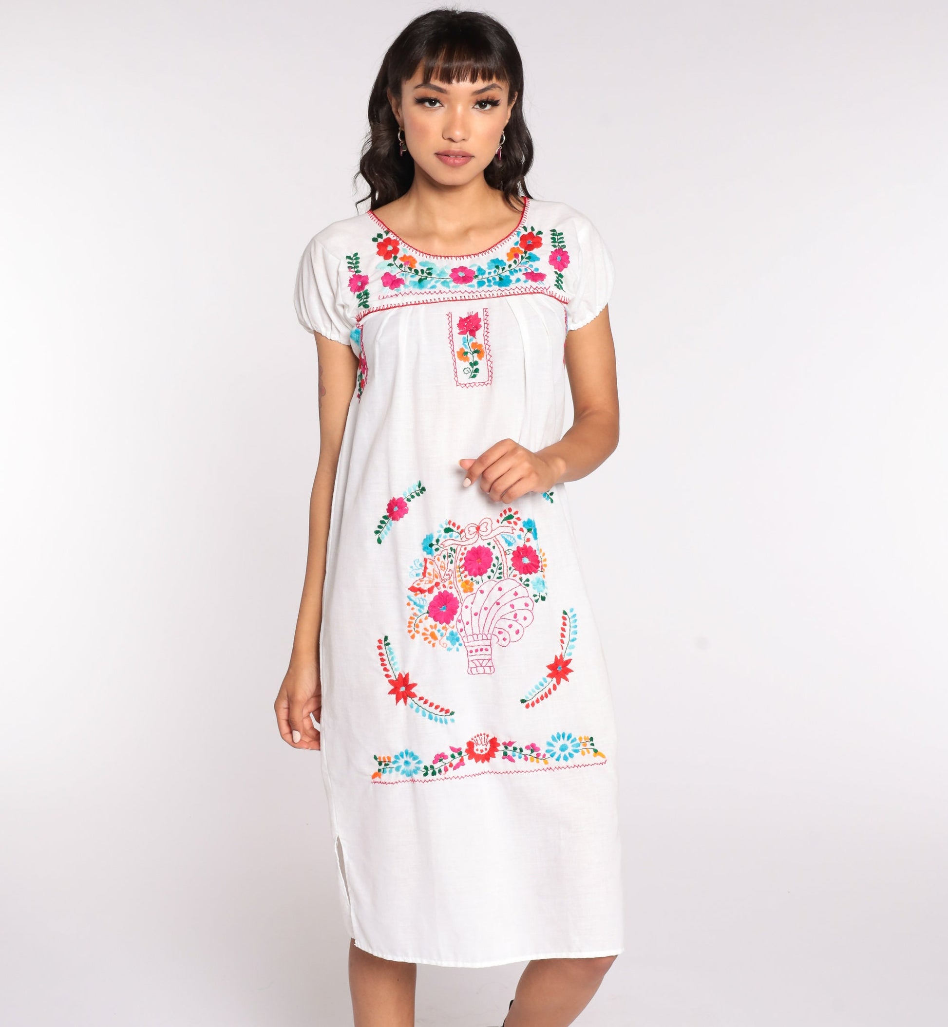 80s Mexican White Cotton Midi Dress Embroidered Puff Sleeve Tunic Small