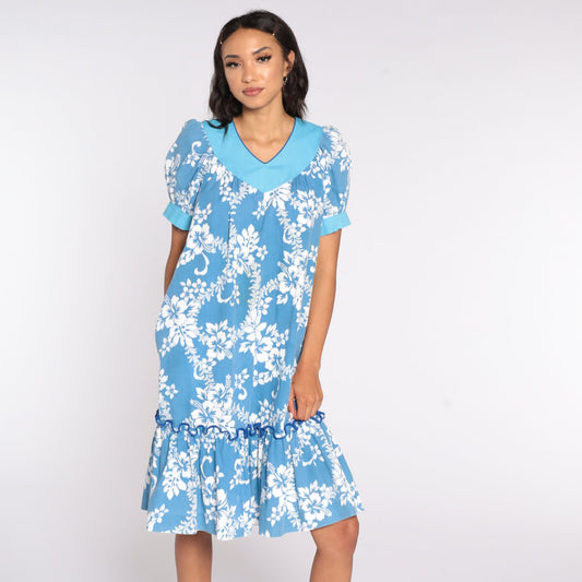 80s Floral Midi Dress Puff Sleeve Tent Cut Blue Cotton Medium