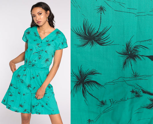 80s Hilo Hatties Tropical Hawaiian Romper Playsuit Green Medium