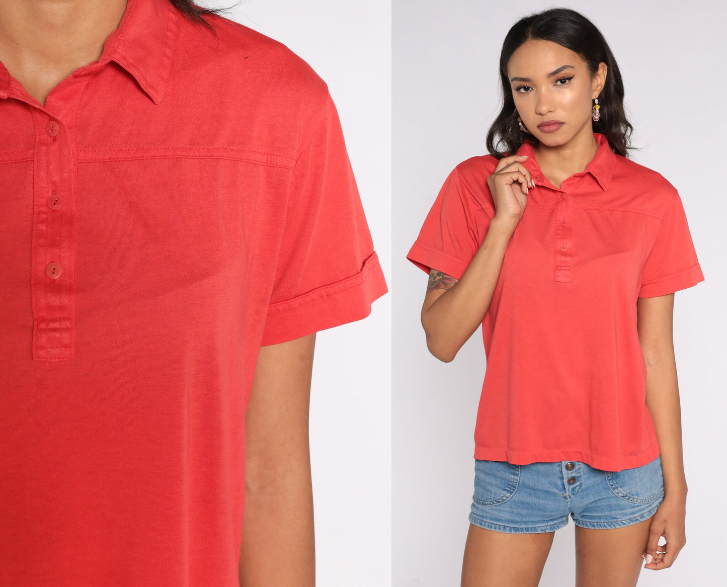 80s Red Polo Shirt Half Button Collared Cotton Blend Medium
