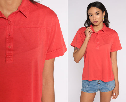 80s Red Polo Shirt Half Button Collared Cotton Blend Medium