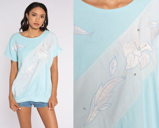 80s Floral Shirt Baby Blue Tropical Print Short Sleeve Blouse Plus Size XXL