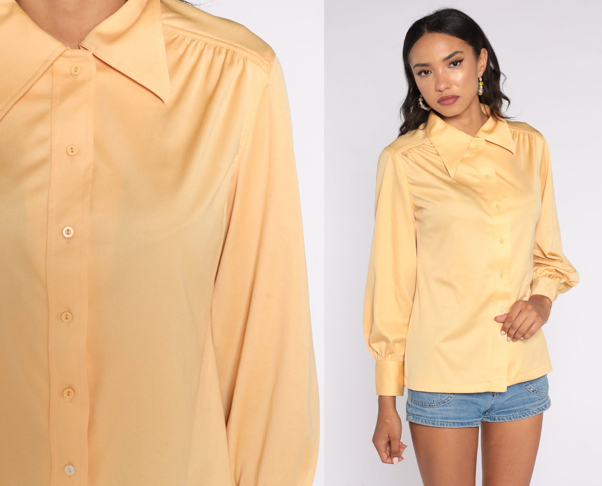 70s Orange Long Sleeve Button Up Shirt Dagger Collar Disco Blouse Medium