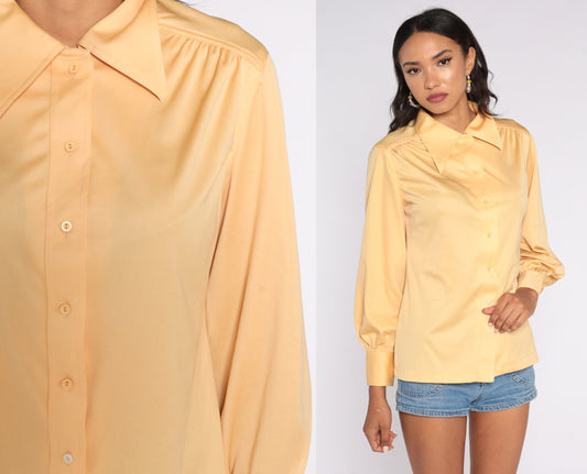 70s Orange Long Sleeve Button Up Shirt Dagger Collar Disco Blouse Medium