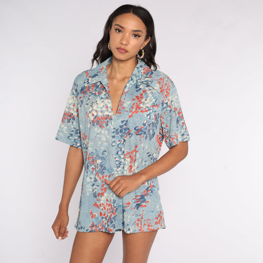 70s Brushstroke Blouse Blue V-Neck Short Sleeve Top Extra Large XXL