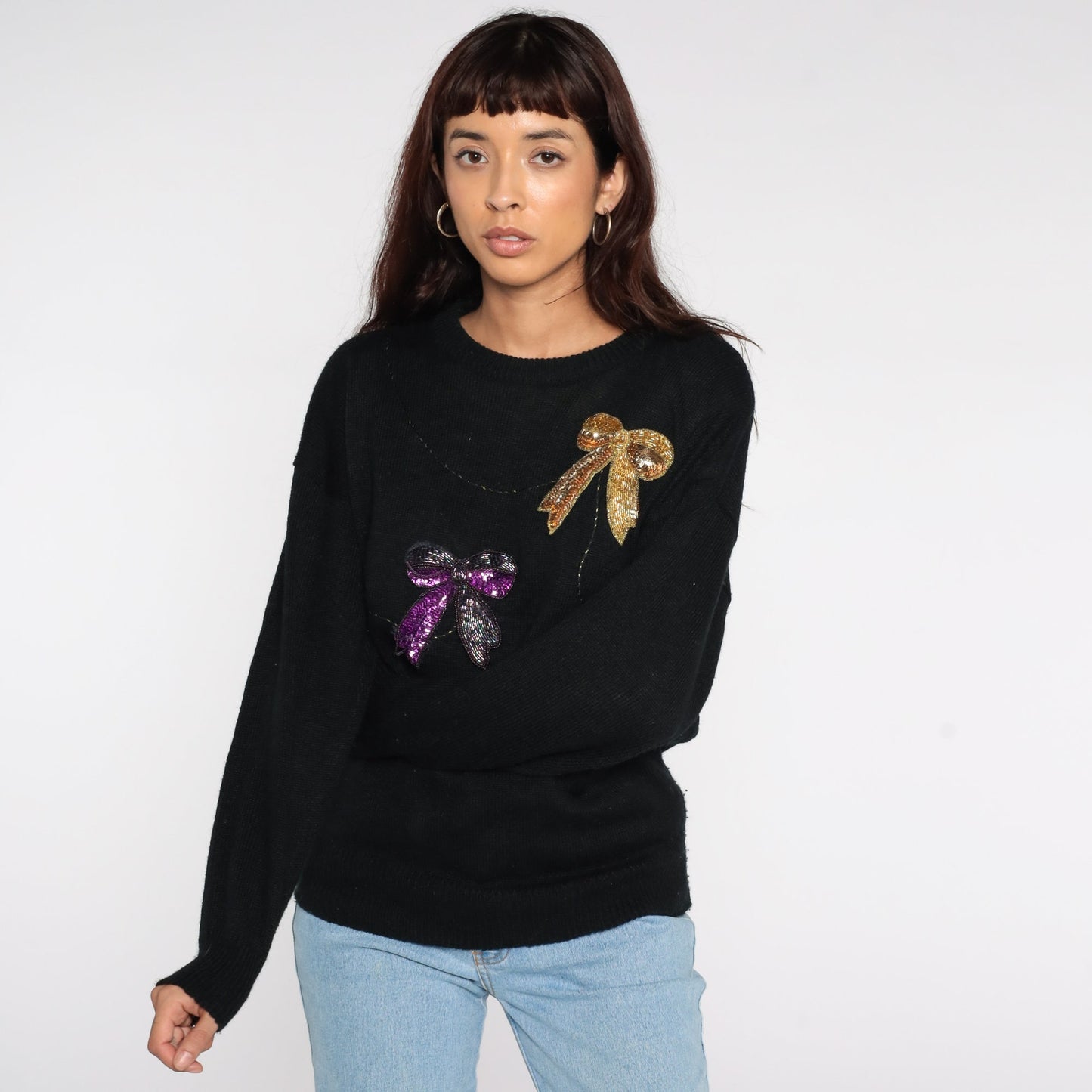 80s Beaded Bow Pullover Sweater Black Knit Large L