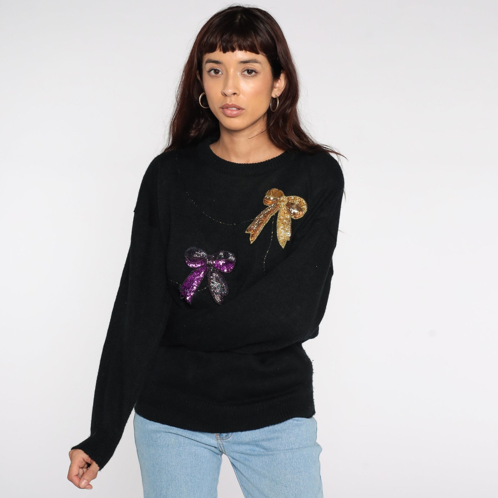 80s Beaded Bow Pullover Sweater Black Knit Large L