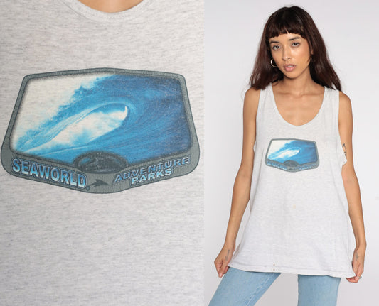 90s Seaworld Adventure Parks Graphic Tank Top Grey Cotton Medium