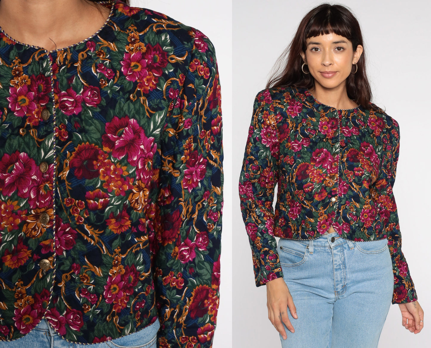 80s Quilted Floral Cropped Jacket Fuchsia Button-Up Medium