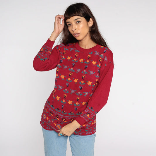 80s Paisley Floral Red Knit Sweater Pullover Small
