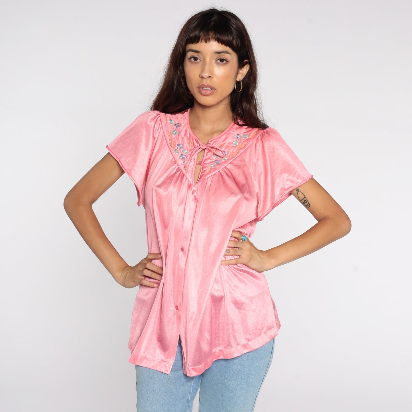 80s Vanity Fair Pink Nylon Pajama Shirt Puff Sleeve Button-Up Medium