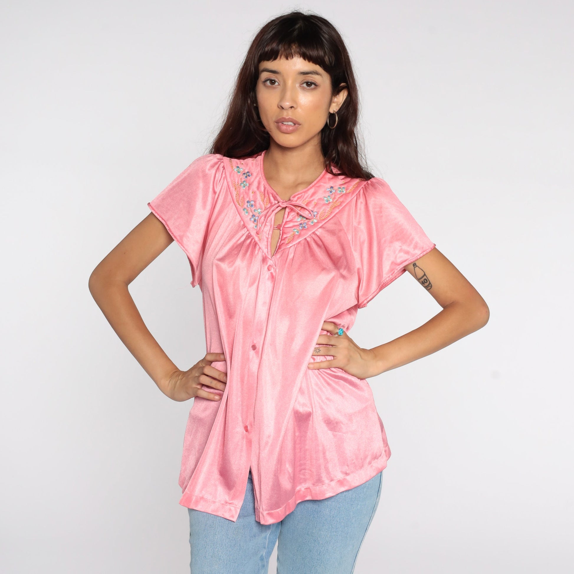 80s Vanity Fair Pink Nylon Pajama Shirt Puff Sleeve Button-Up Medium