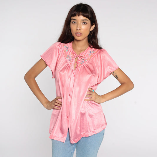 80s Vanity Fair Pink Nylon Pajama Shirt Puff Sleeve Button-Up Medium
