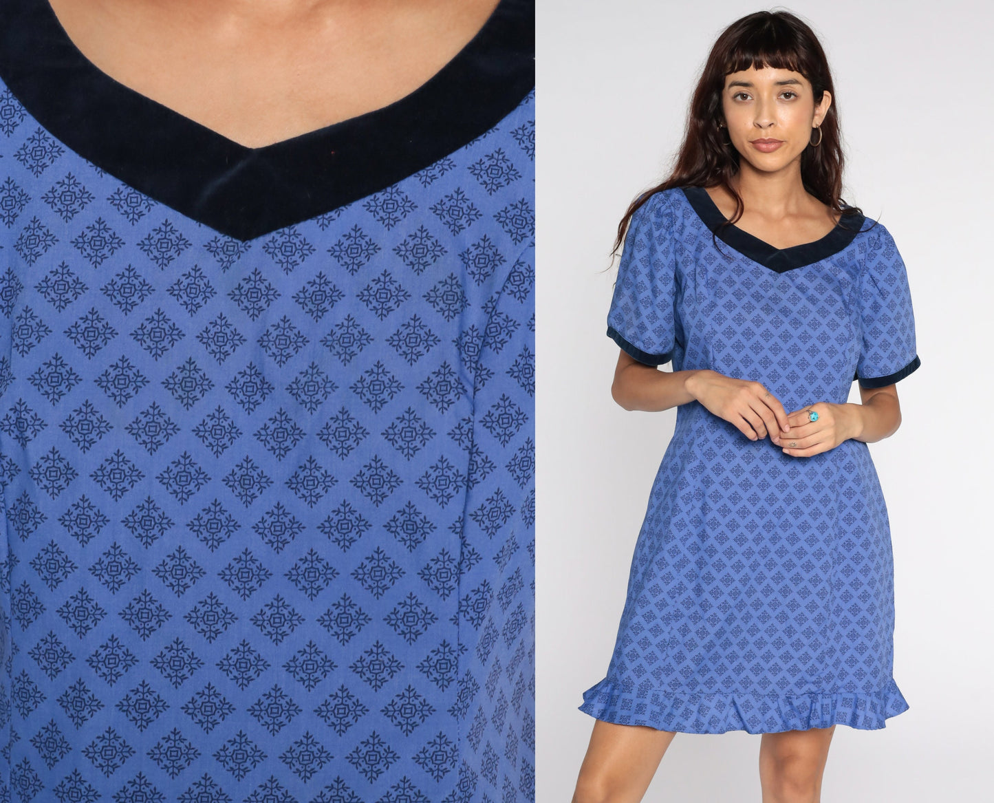 80s Purple Geometric Puff Sleeve Mini Dress Shift Cotton Medium