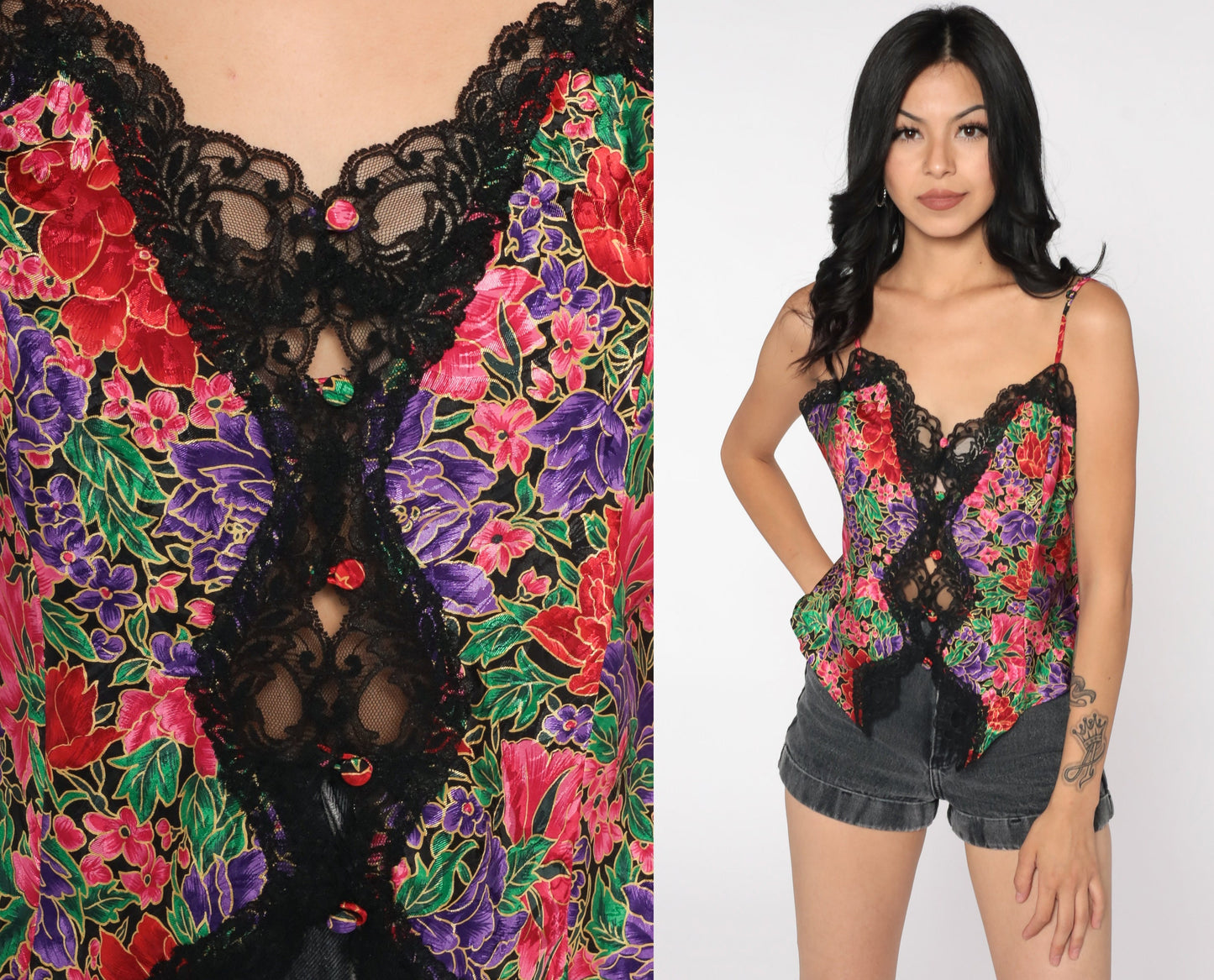 90s Floral Camisole Lace Trim Spaghetti Strap Sleep Top Large