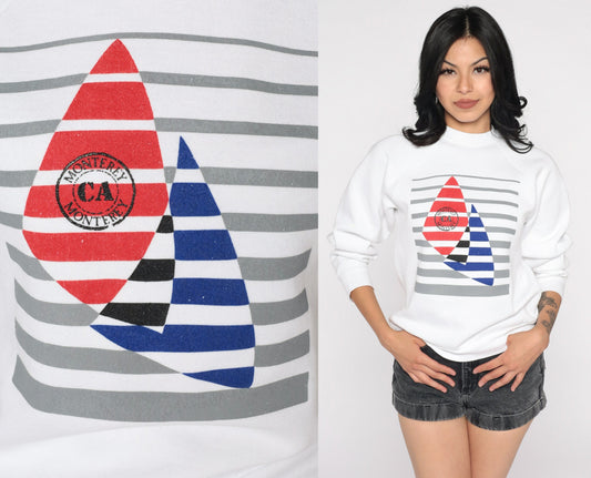 80s Monterey Bay Sailboat Sweatshirt Raglan Sleeve Graphic Pullover Extra Small
