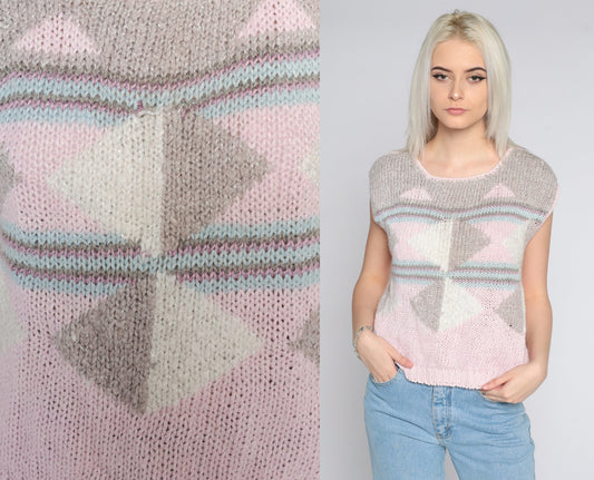 80s Geometric Colour Block Knit Top Baby Pink Cap Sleeve Medium