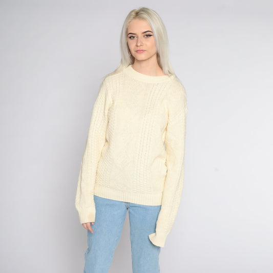 90s Cream Textured Acrylic Sweater Pullover Crewneck Large