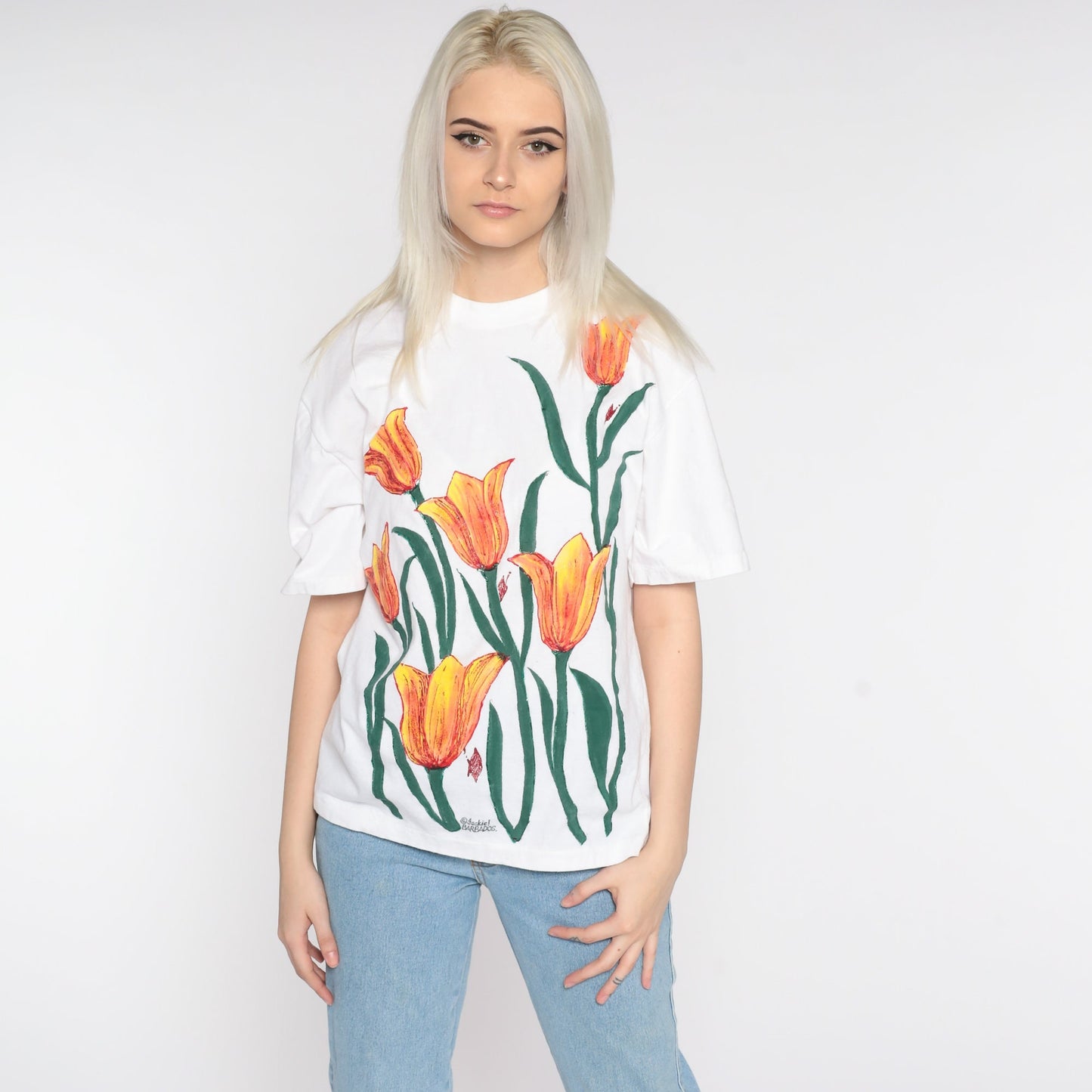 90s Hand Painted Floral T-Shirt Jackie Barbados Graphic Tee Medium