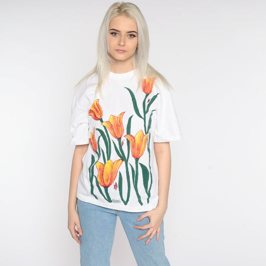 90s Hand Painted Floral T-Shirt Jackie Barbados Graphic Tee Medium