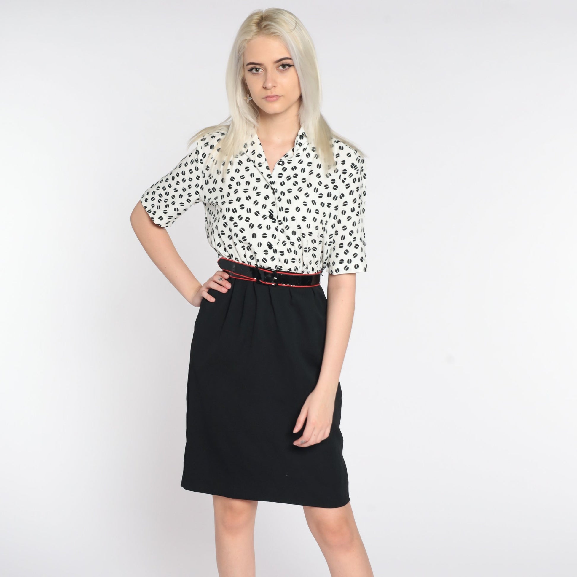 80s Black White Geometric Mini Shirtdress High Waist Button Front Extra Small
