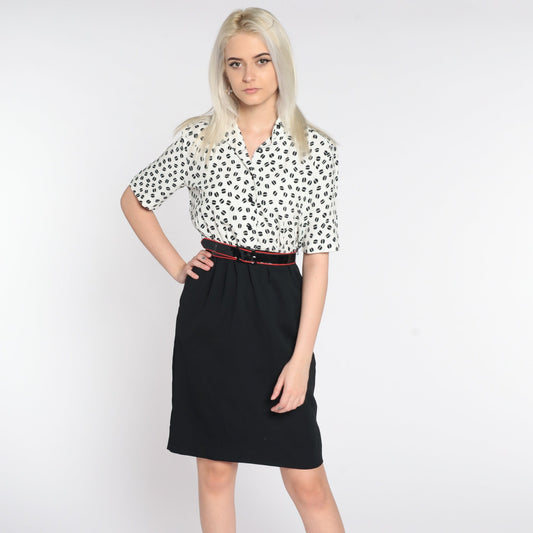 80s Black White Geometric Mini Shirtdress High Waist Button Front Extra Small