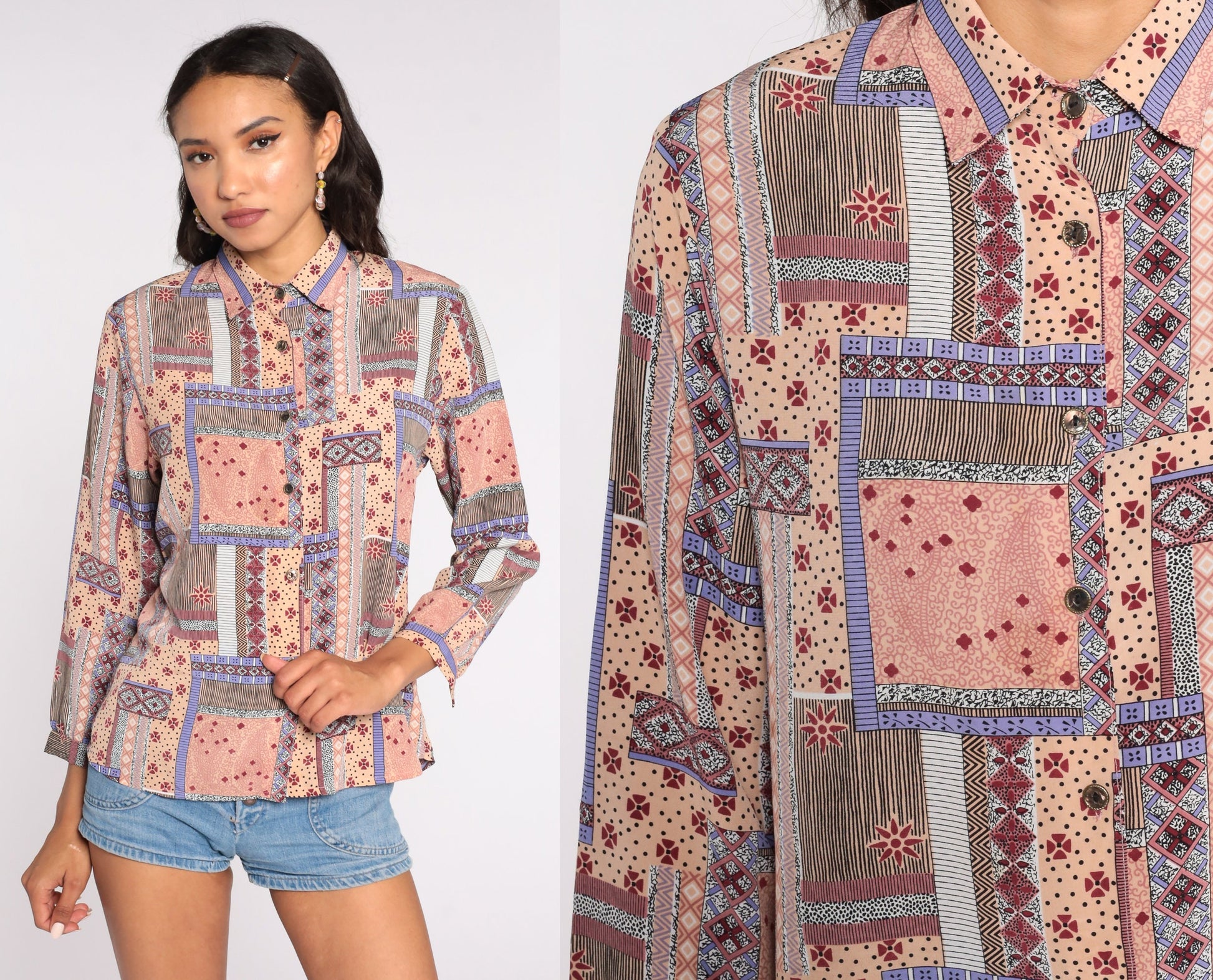 Y2K Patchwork Button-Up Blouse Geometric Paisley Peach Pink Long Sleeve Medium