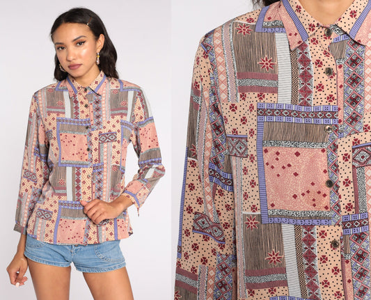 Y2K Patchwork Button-Up Blouse Geometric Paisley Peach Pink Long Sleeve Medium