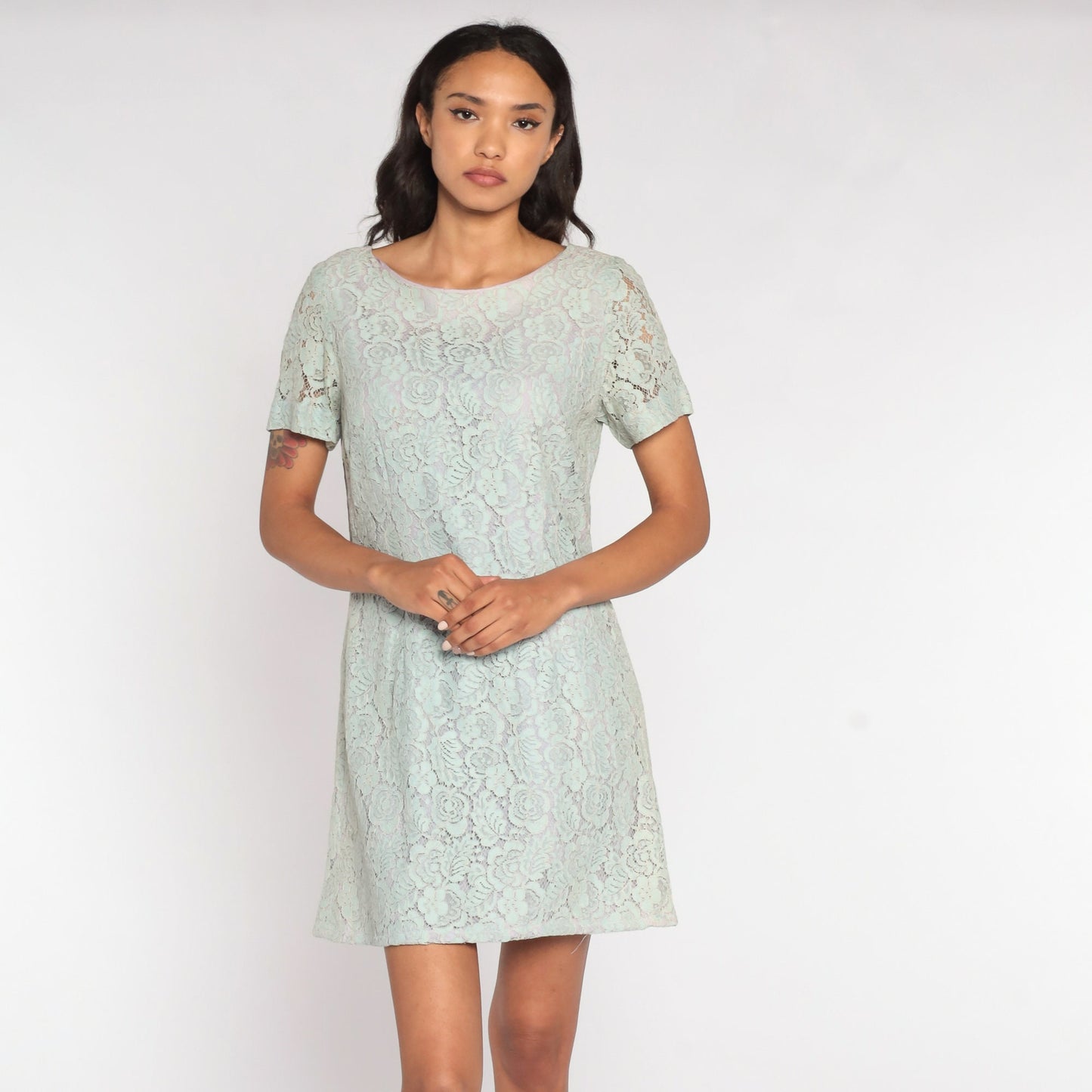 60s Baby Blue Lace Mini Dress Mod Shift Sheer Sleeve Medium