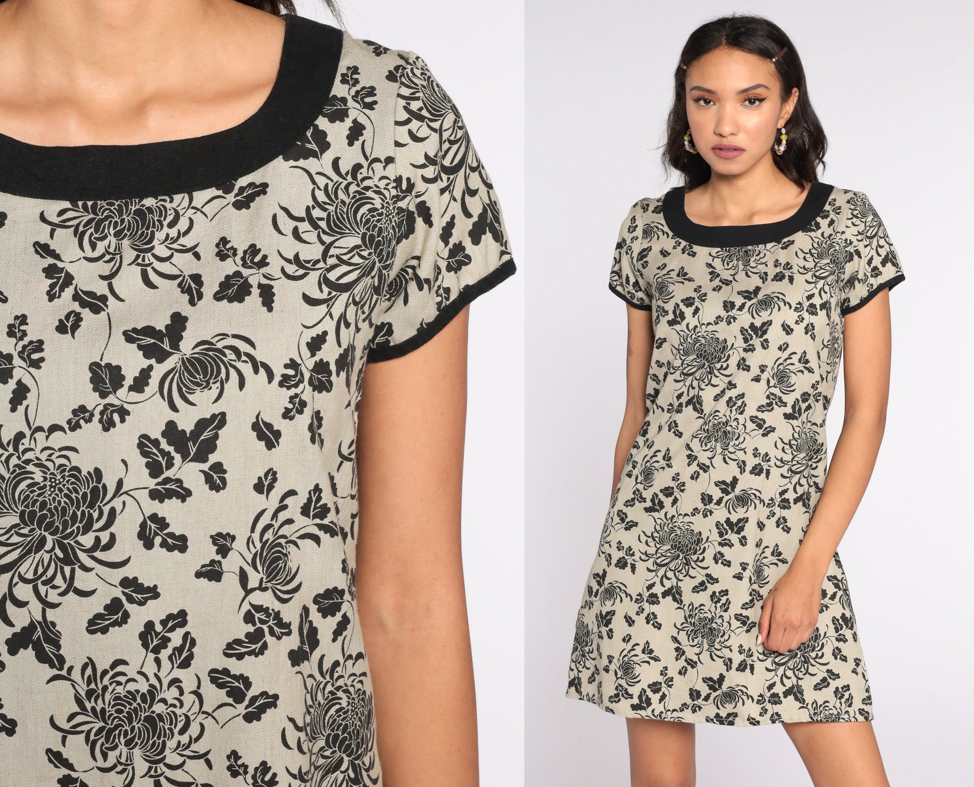 90s Tan Floral Shift Mini Dress Short Sleeve Small S