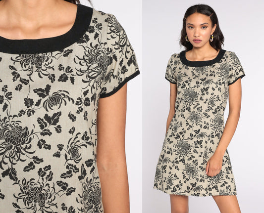 90s Tan Floral Shift Mini Dress Short Sleeve Small S