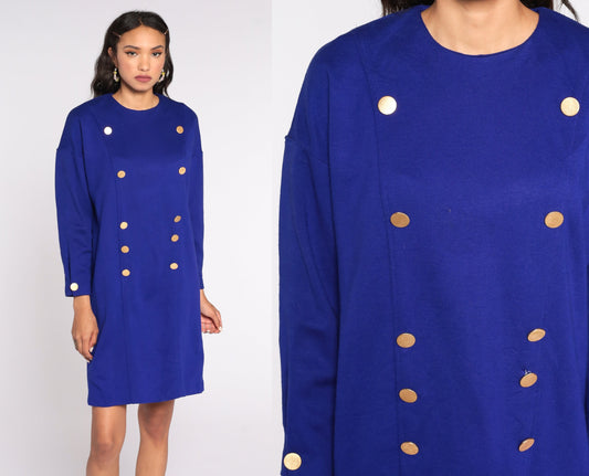 80s Royal Blue Double Breasted Mini Dress Button Up Secretary Small S
