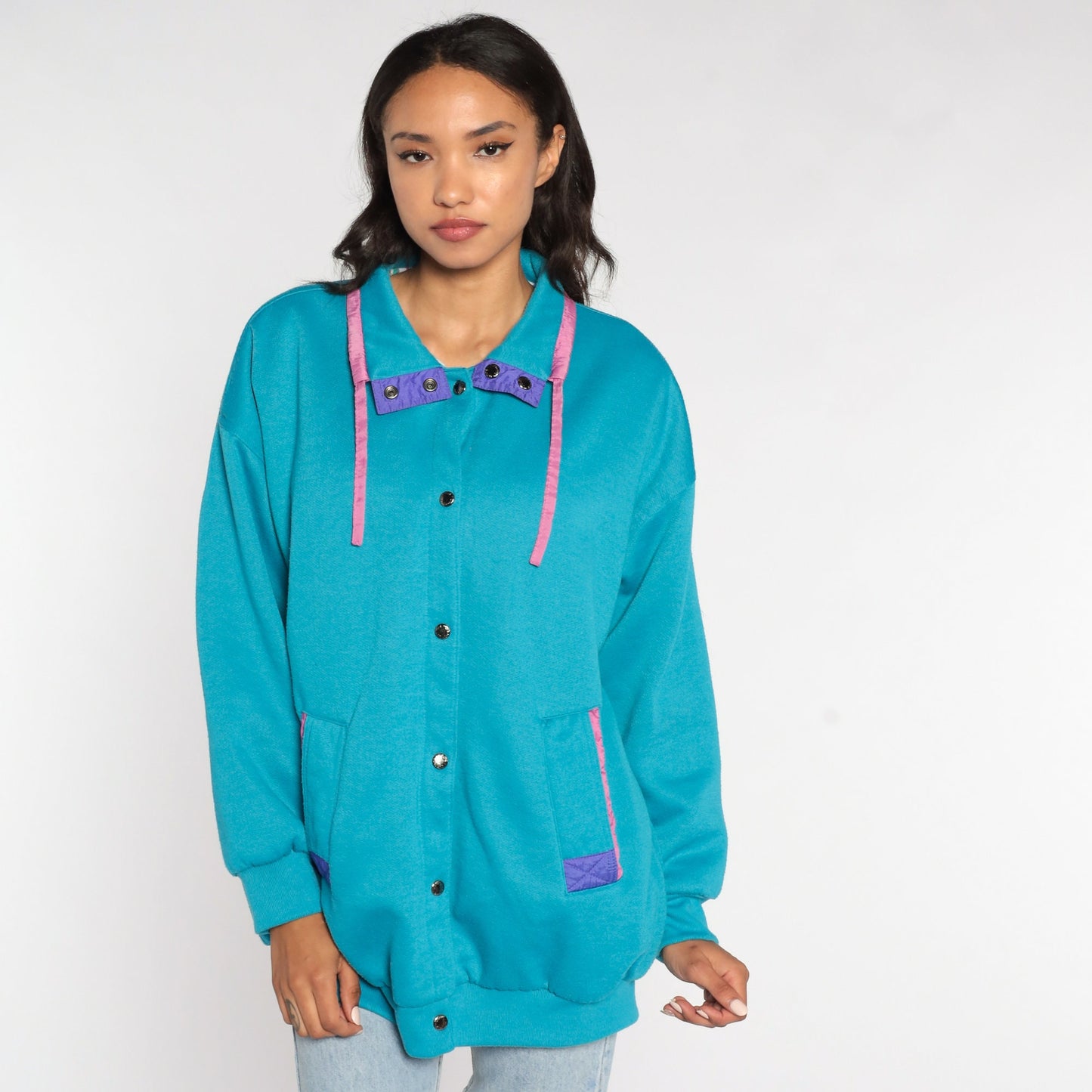 80s Turquoise Windbreaker Jacket Pink Purple Trim Snap Front Cotton Blend
