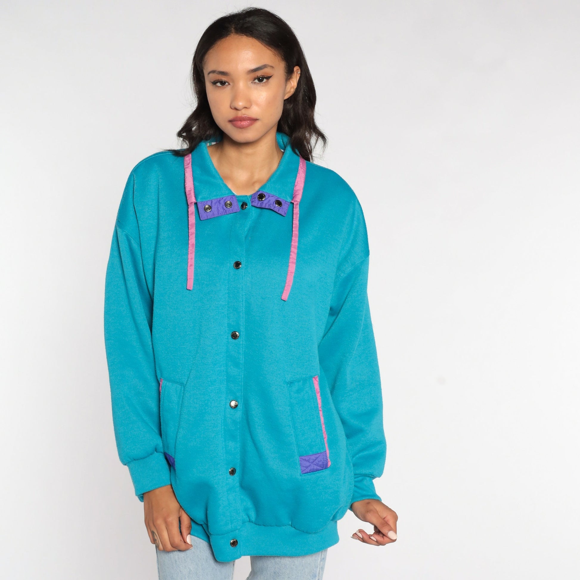 80s Turquoise Windbreaker Jacket Pink Purple Trim Snap Front Cotton Blend