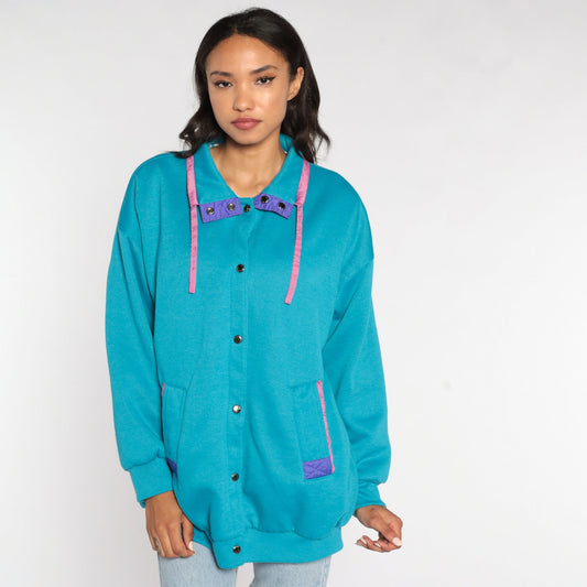 80s Turquoise Windbreaker Jacket Pink Purple Trim Snap Front Cotton Blend