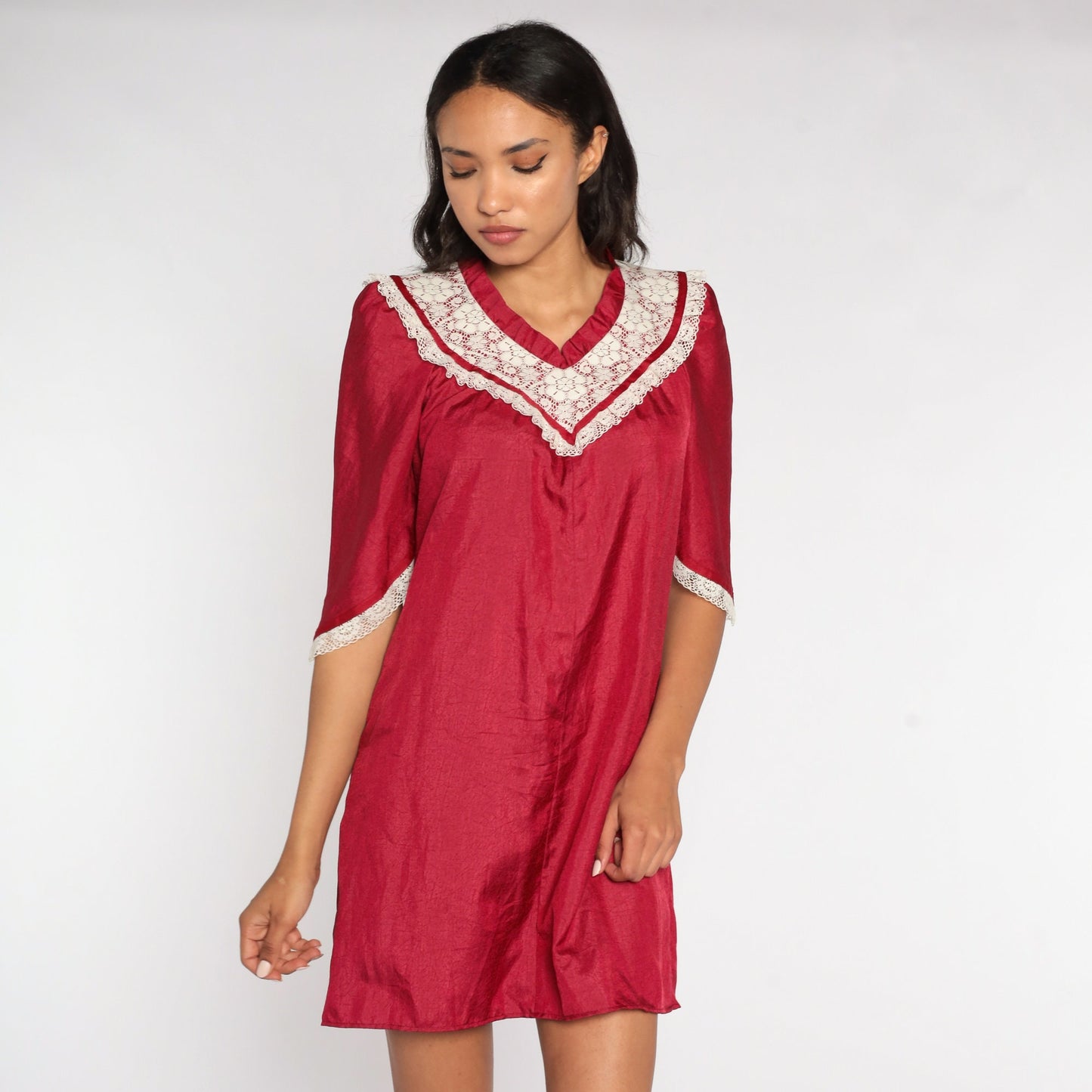 70s Burgundy Tent Dress White Lace Bib Puff Sleeve Mini Small