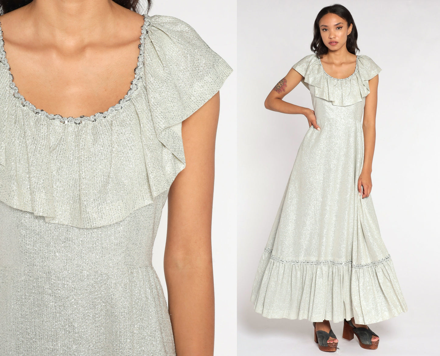 70s Silver Metallic Maxi Dress High Waist Flutter Sleeve Bertha Collar Small