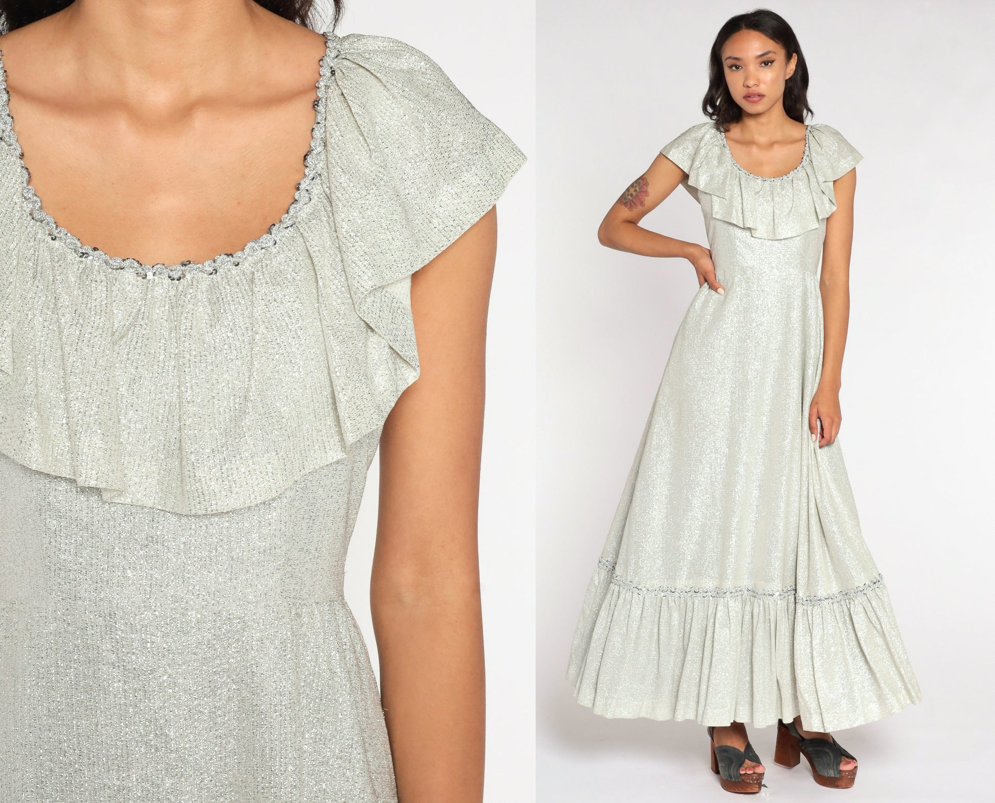 70s Silver Metallic Maxi Dress High Waist Flutter Sleeve Bertha Collar Small