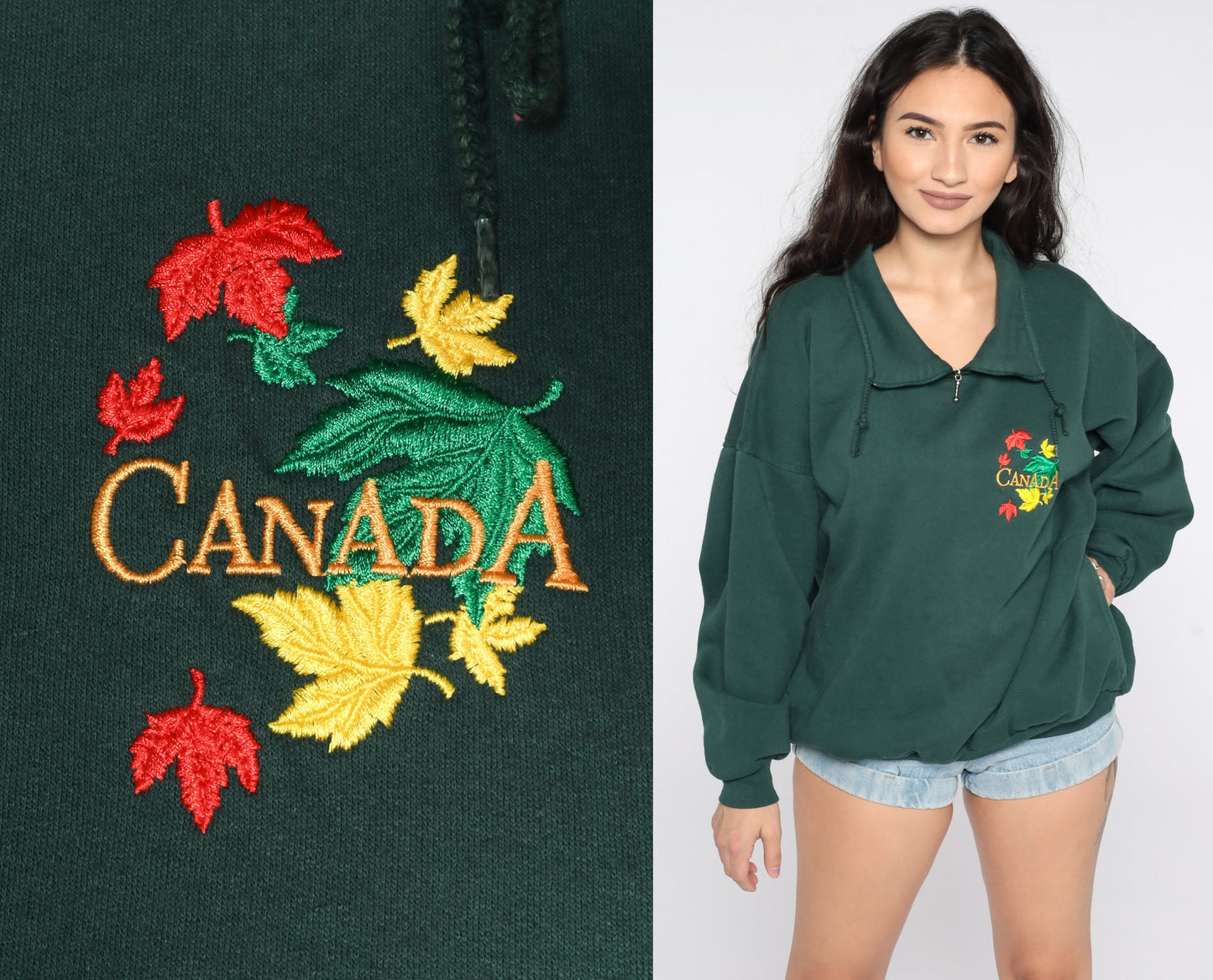 90s Canada Quarter Zip Sweatshirt Green Graphic Pullover Large L