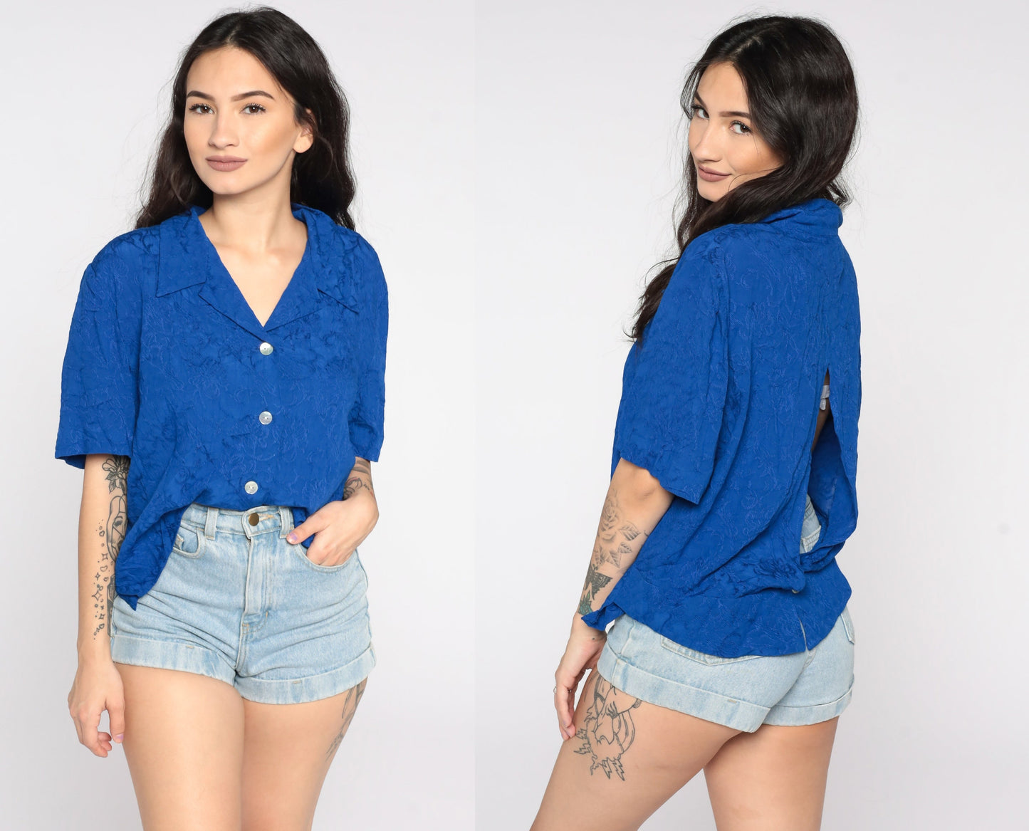 80s Royal Blue Floral Embossed Button-Up Blouse Cutout Back Medium