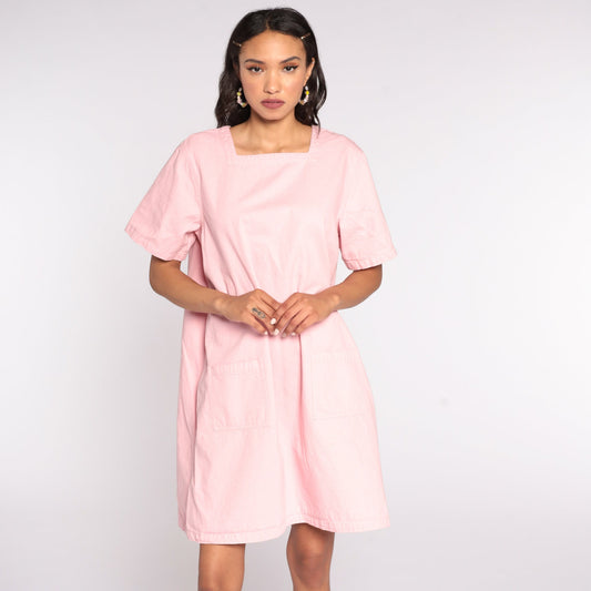 90s Baby Pink Shift Dress Cotton Pocket Mini Extra Large XL