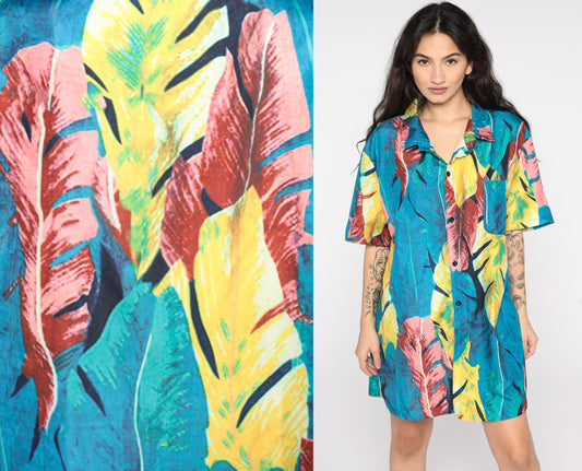 80s Tropical Leaf Print Hawaiian Button-Up Blouse Blue Short Sleeve Extra Large