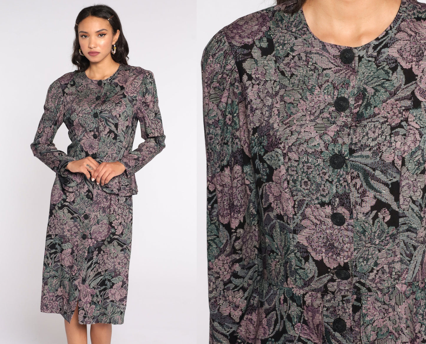 80s Floral Tapestry Midi Dress Puff Sleeve Button-Up Black Purple Medium