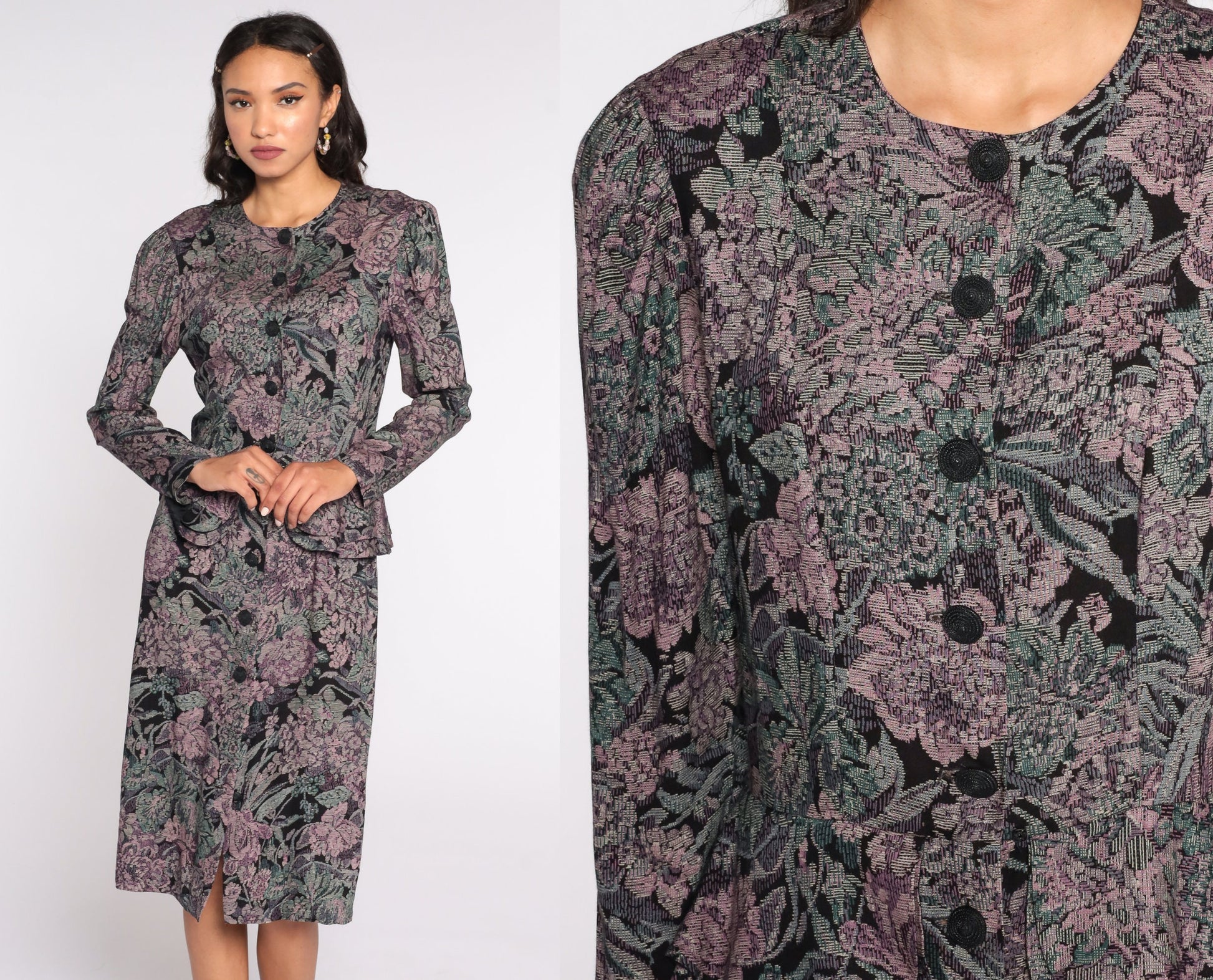 80s Floral Tapestry Midi Dress Puff Sleeve Button-Up Black Purple Medium