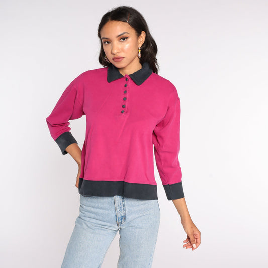 80s Pink Button-Up Shirt Cotton Blend Polo Small S