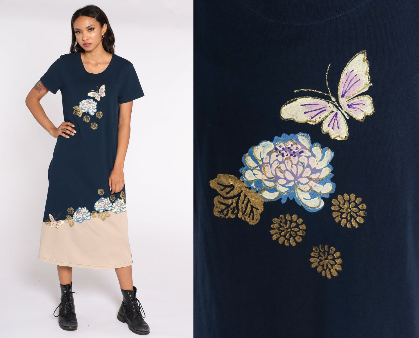 90s Butterfly Floral Metallic Print Midi Shift Dress Blue Short Sleeve Medium