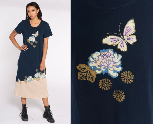 90s Butterfly Floral Metallic Print Midi Shift Dress Blue Short Sleeve Medium