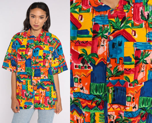 80s Tropical Palm Tree Button-Up Shirt Cotton Hawaiian Surfer Large