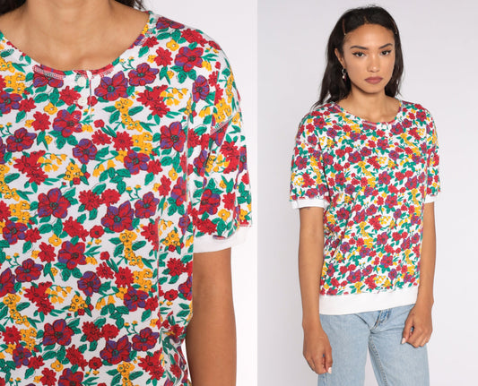 80s Floral Henley Shirt Red White Graphic Blouse Short Sleeve Large L
