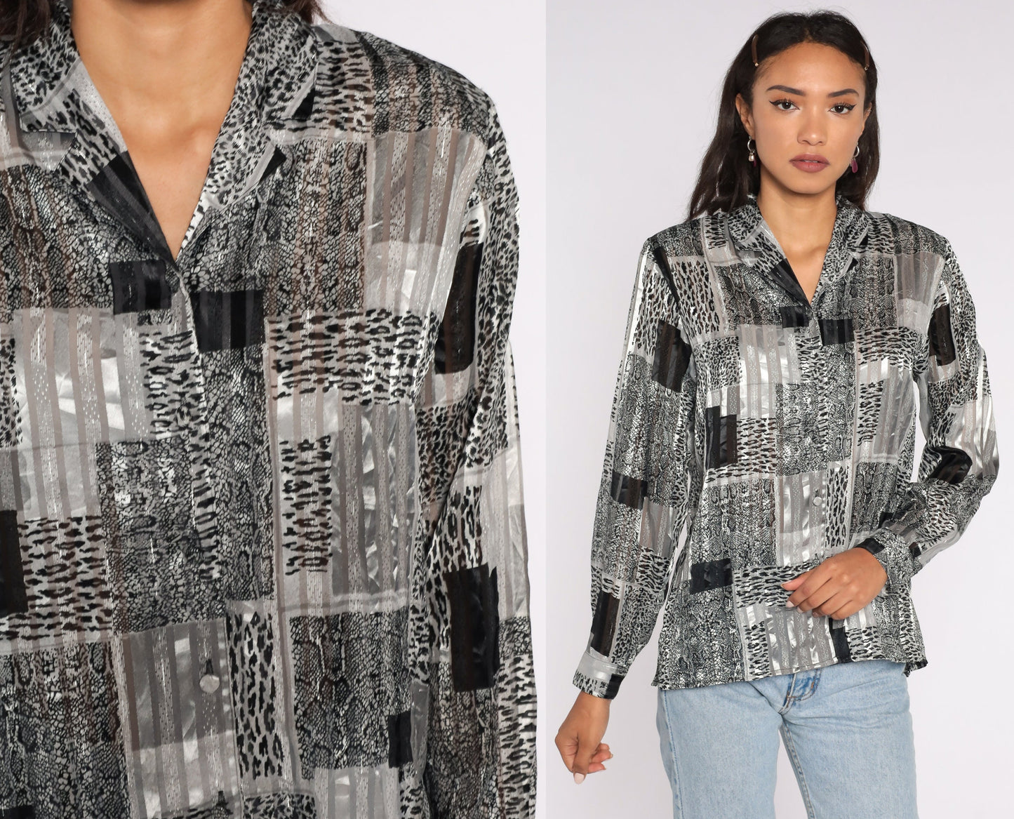 90s Leopard Print Semi-Sheer Blouse Black Striped Button-Up Medium